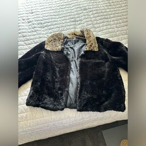 Vintage Faux Fur Black Jacket with Leopard Collar